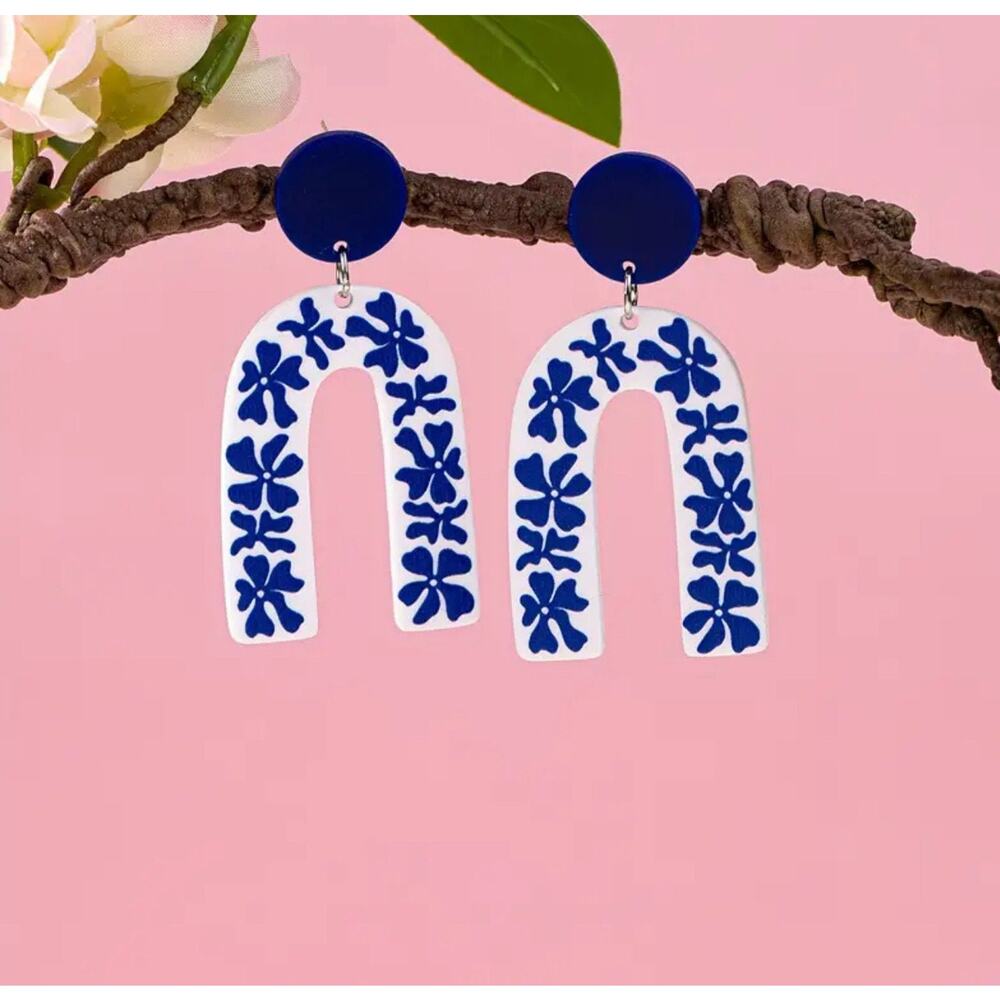 Corfu Goddess U-shaped Porcelain Blue and White Ceramic Style Earrings